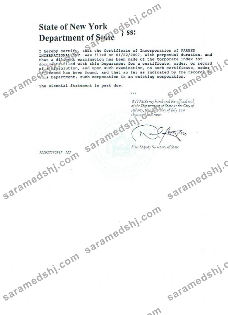 USA New York certificate of good standing